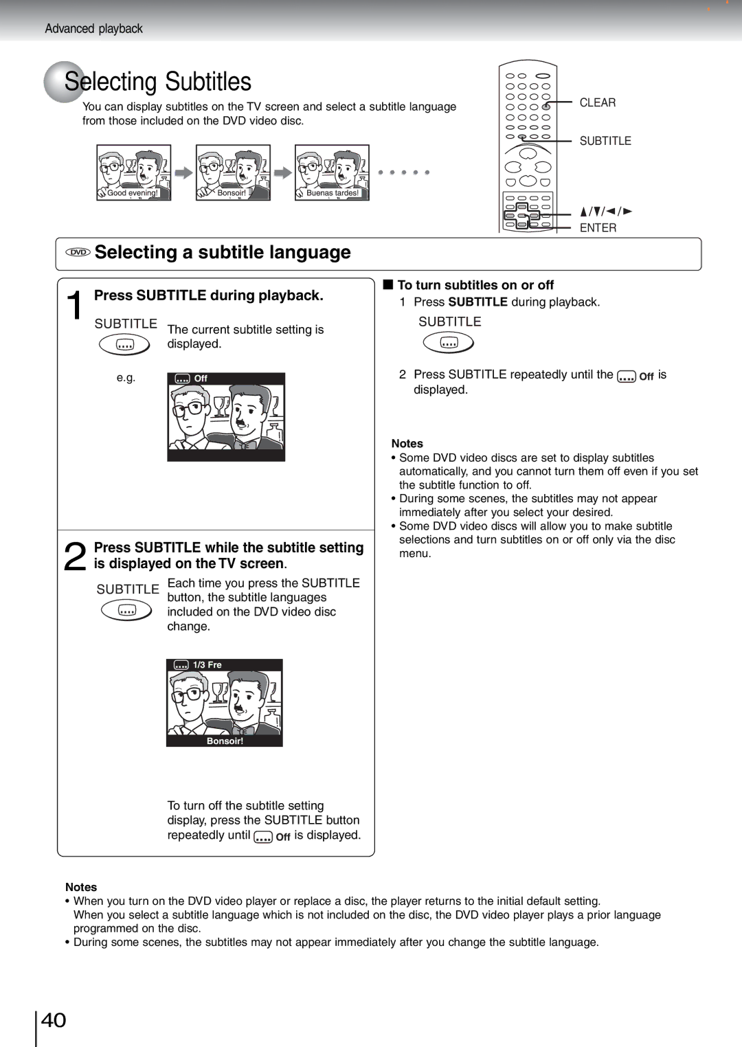 Toshiba SD-5970SU manual Selecting Subtitles, Selecting a subtitle language, Press Subtitle during playback 