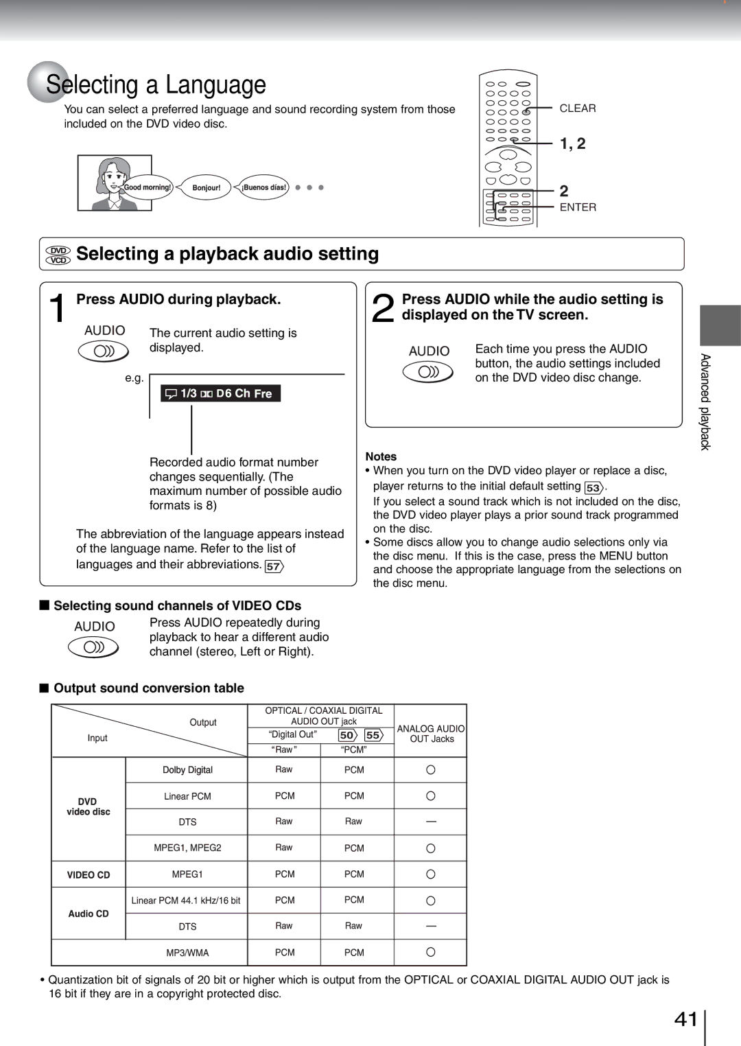 Toshiba SD-5970SU manual Selecting a Language, Selecting a playback audio setting, Press Audio during playback 