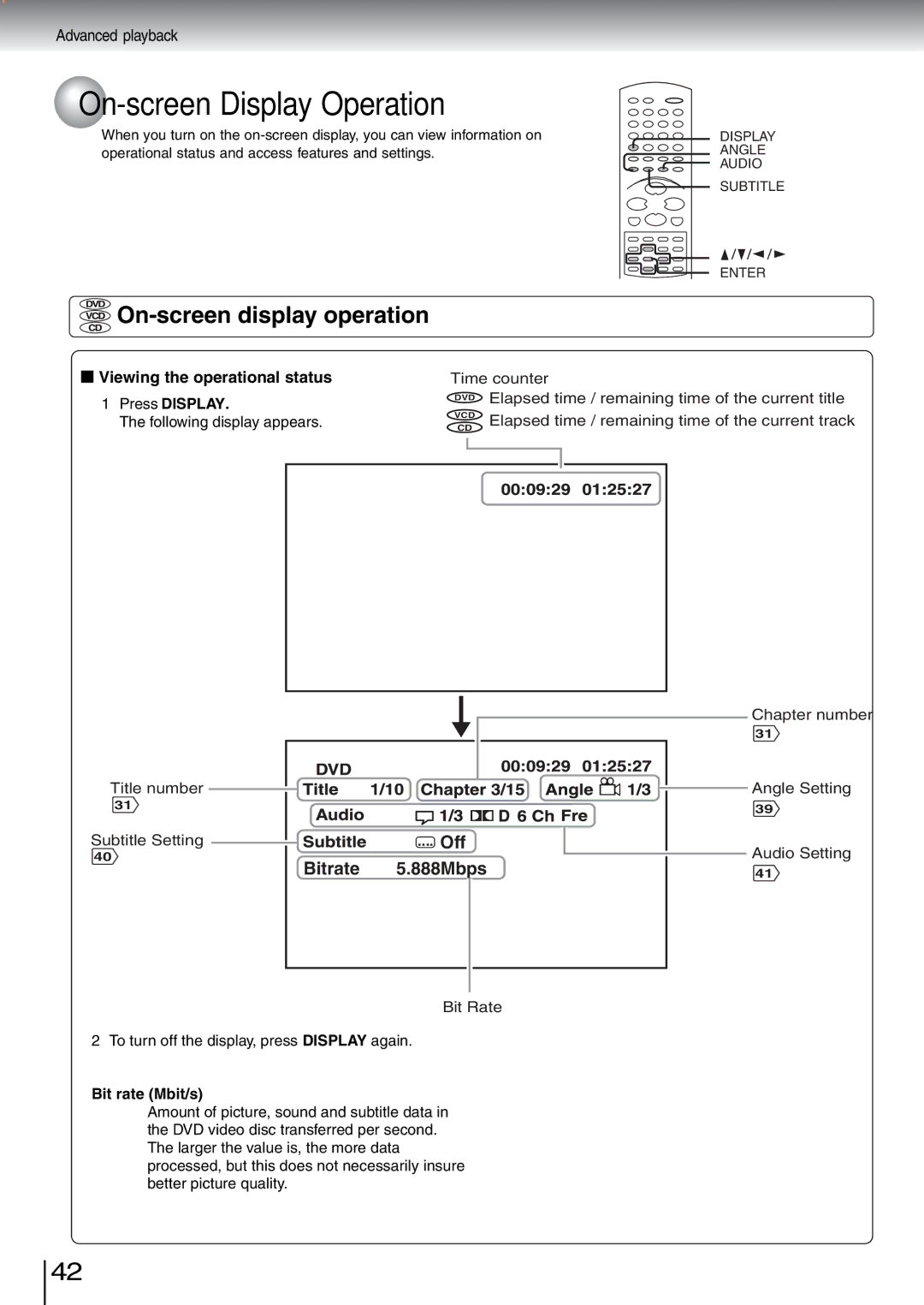 Toshiba SD-5970SU On-screen Display Operation, On-screen display operation, Viewing the operational status, Press Display 