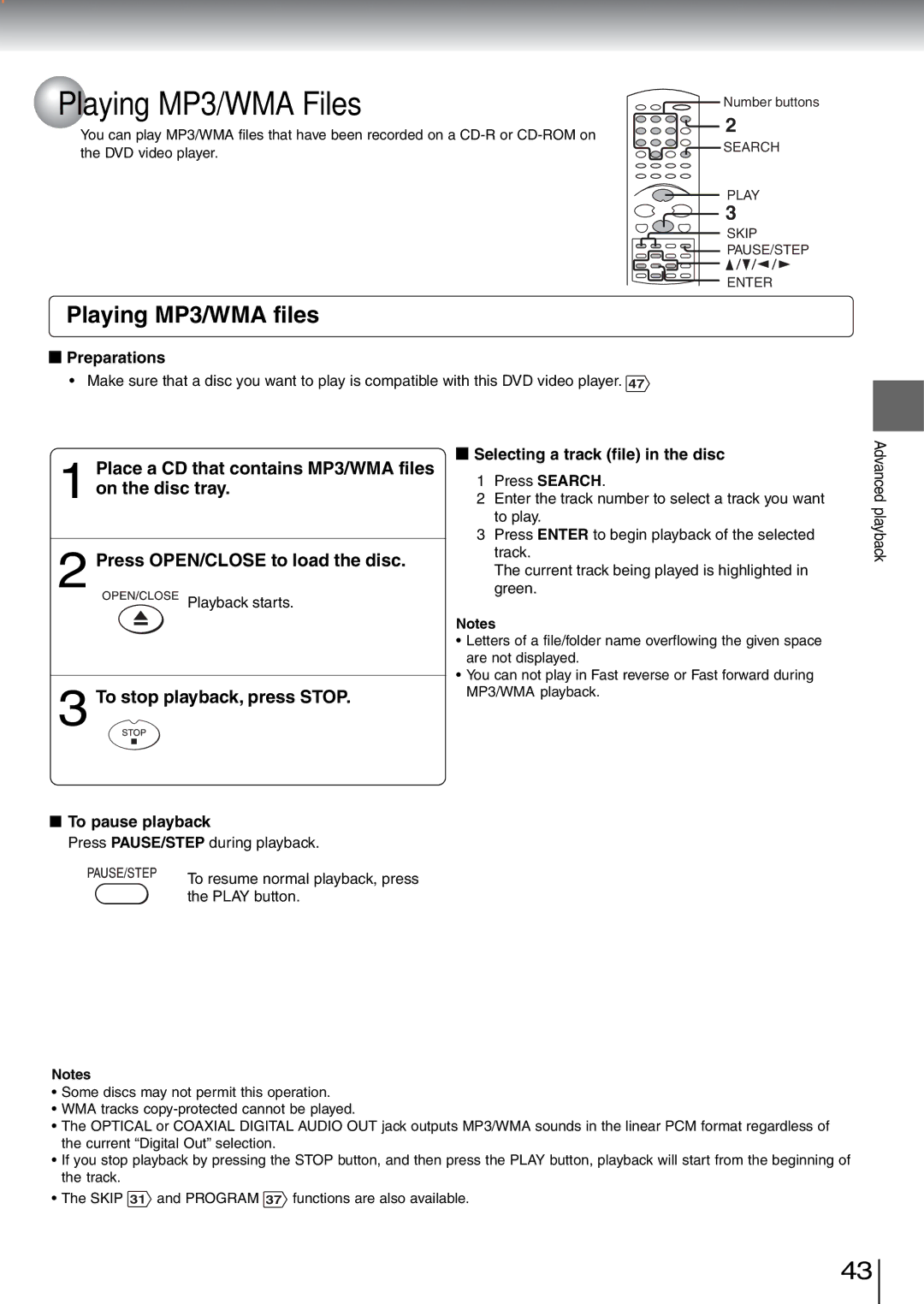 Toshiba SD-5970SU manual Playing MP3/WMA Files, Playing MP3/WMA files, To stop playback, press Stop 