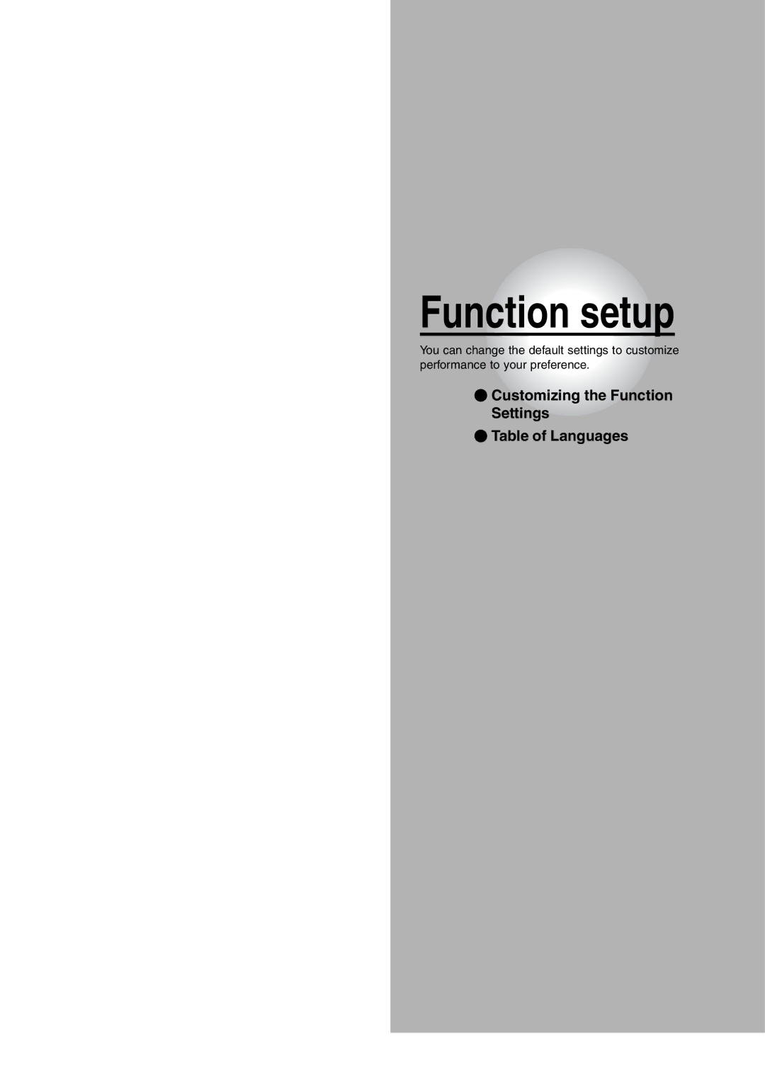 Toshiba SD-5970SU manual Function setup, Customizing the Function Settings Table of Languages 