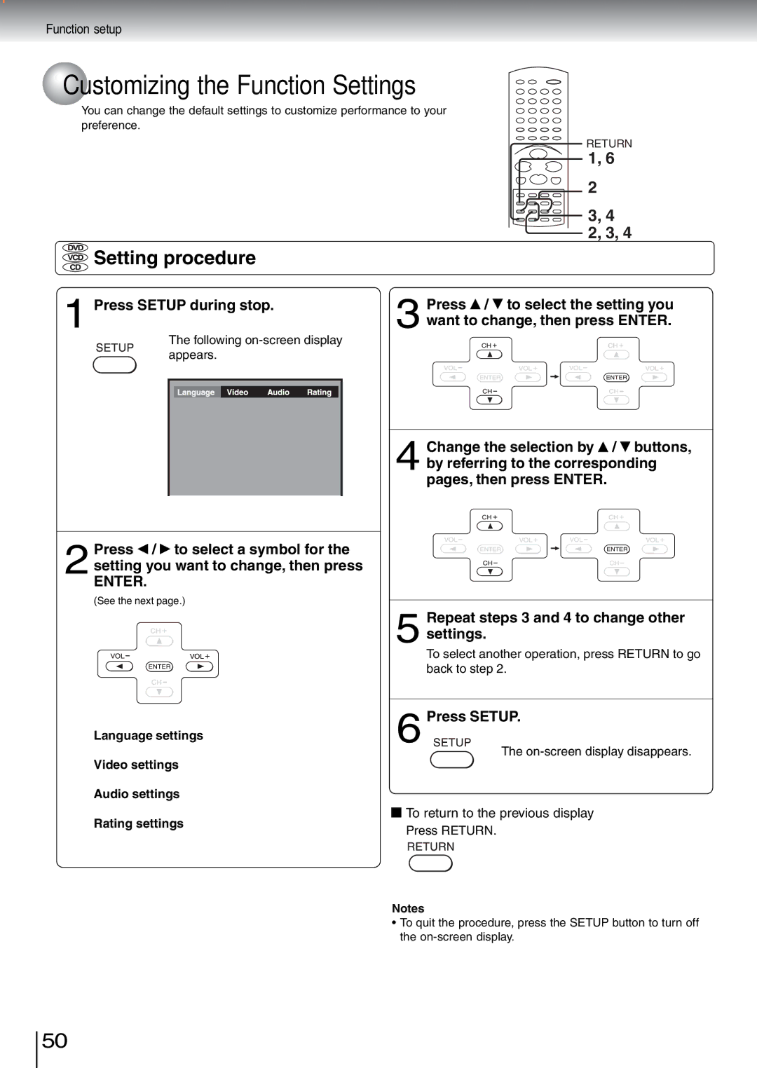 Toshiba SD-5970SU manual Customizing the Function Settings, Setting procedure, Press Setup during stop 