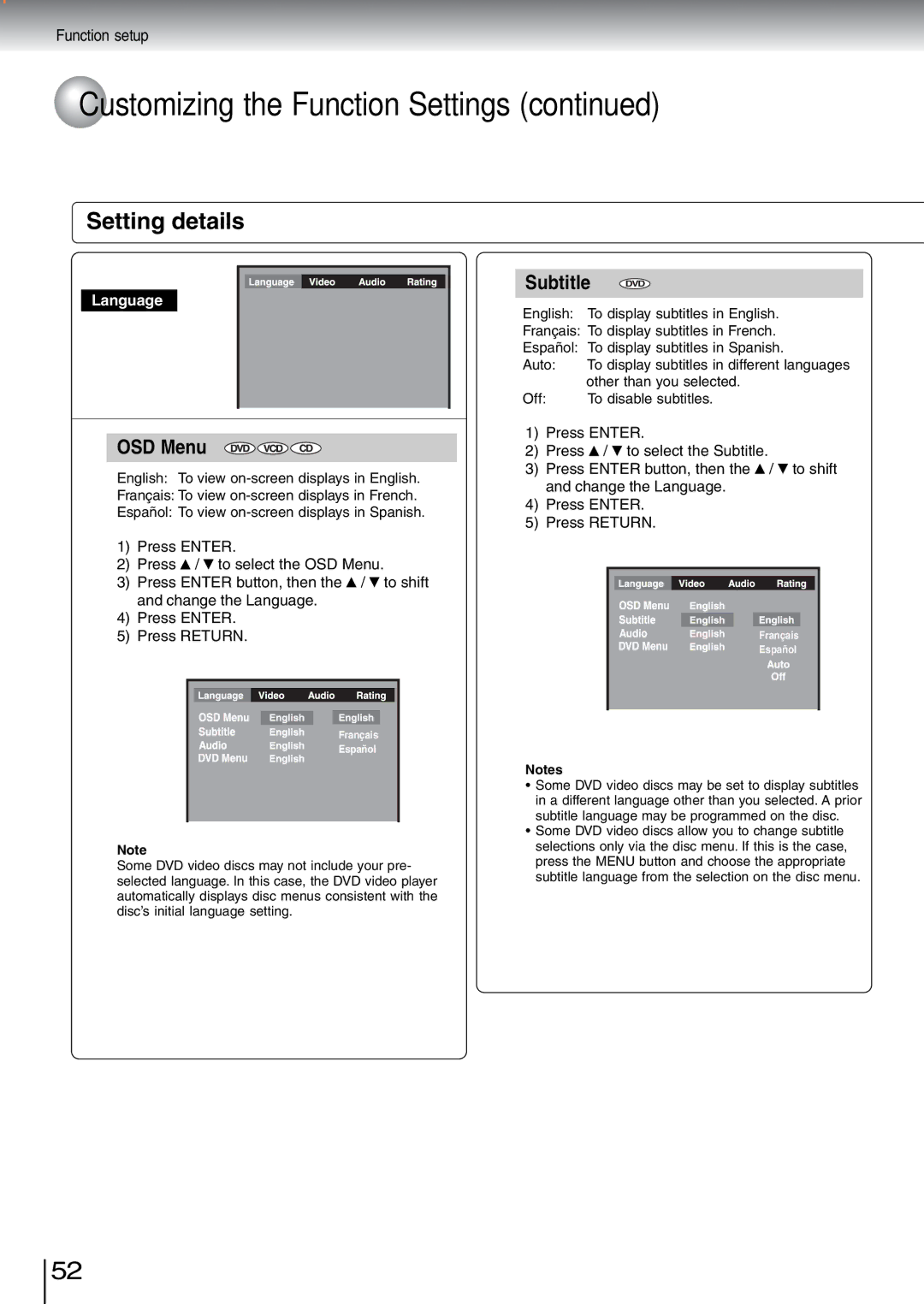 Toshiba SD-5970SU manual Setting details, Subtitle DVD 