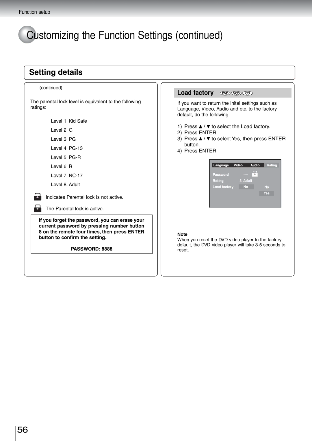 Toshiba SD-5970SU manual Load factory 