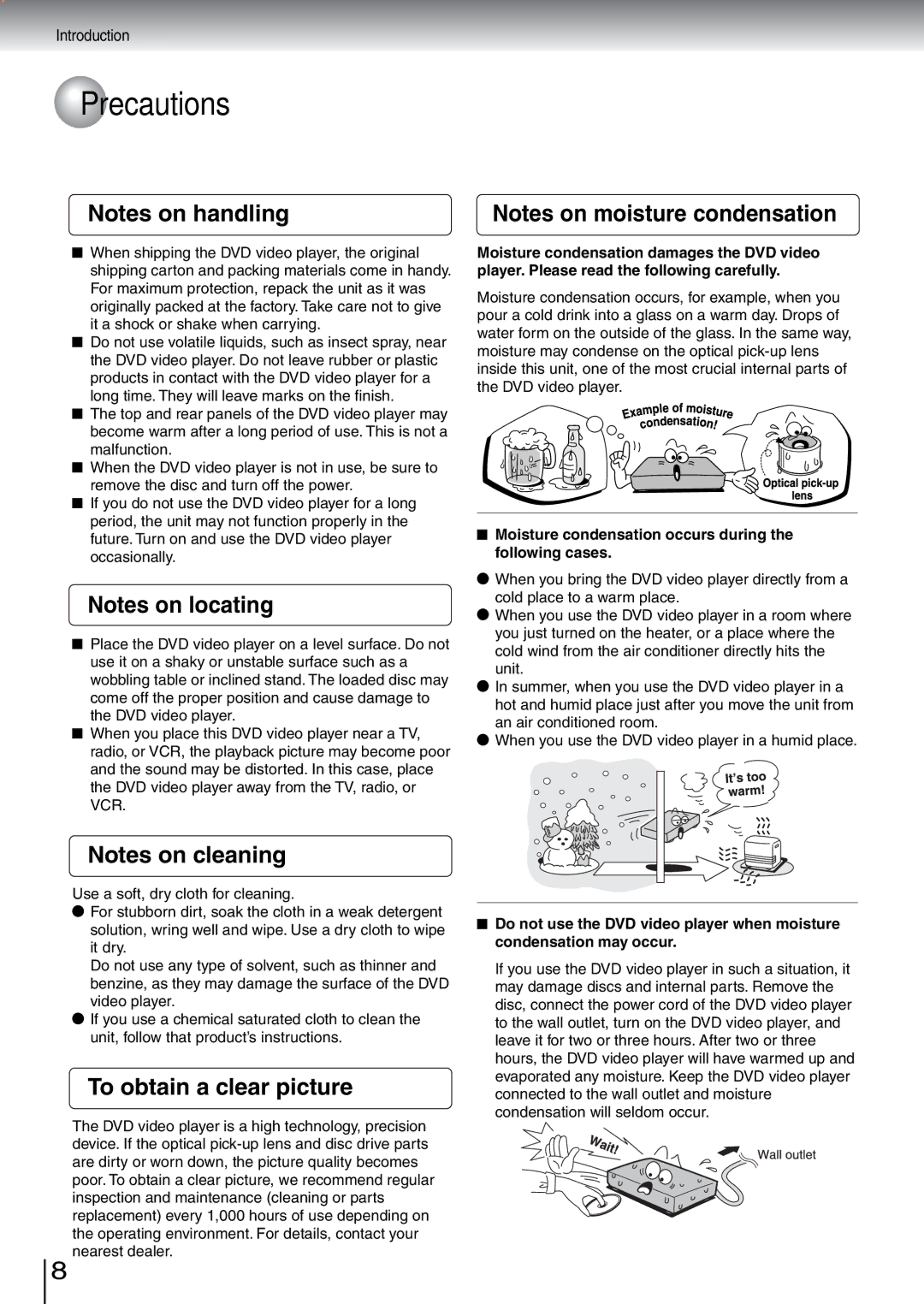 Toshiba SD-5970SU manual Precautions, To obtain a clear picture, Moisture condensation occurs during the following cases 