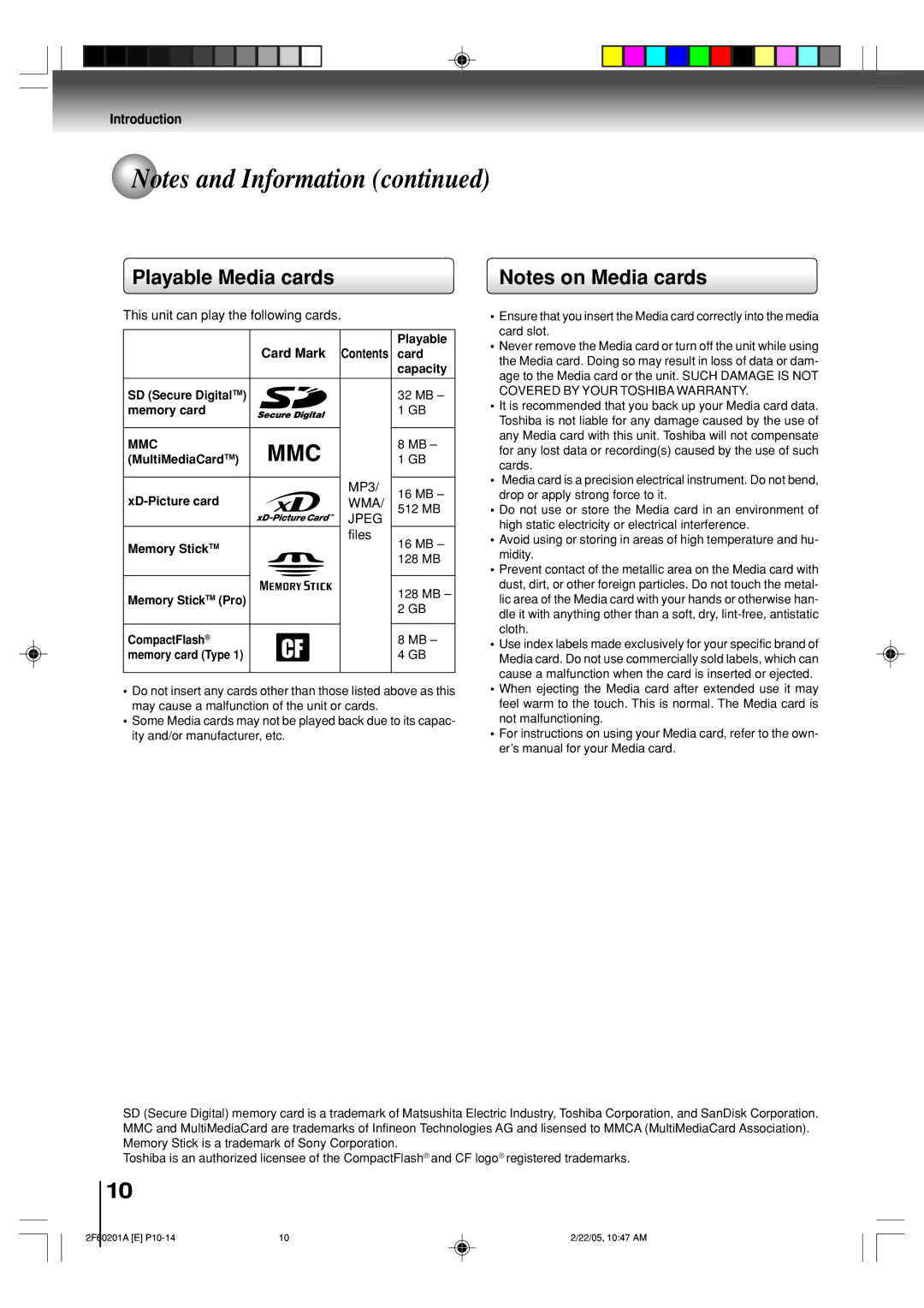 Toshiba SD-5980SU owner manual Playable Media cards, Mmc 