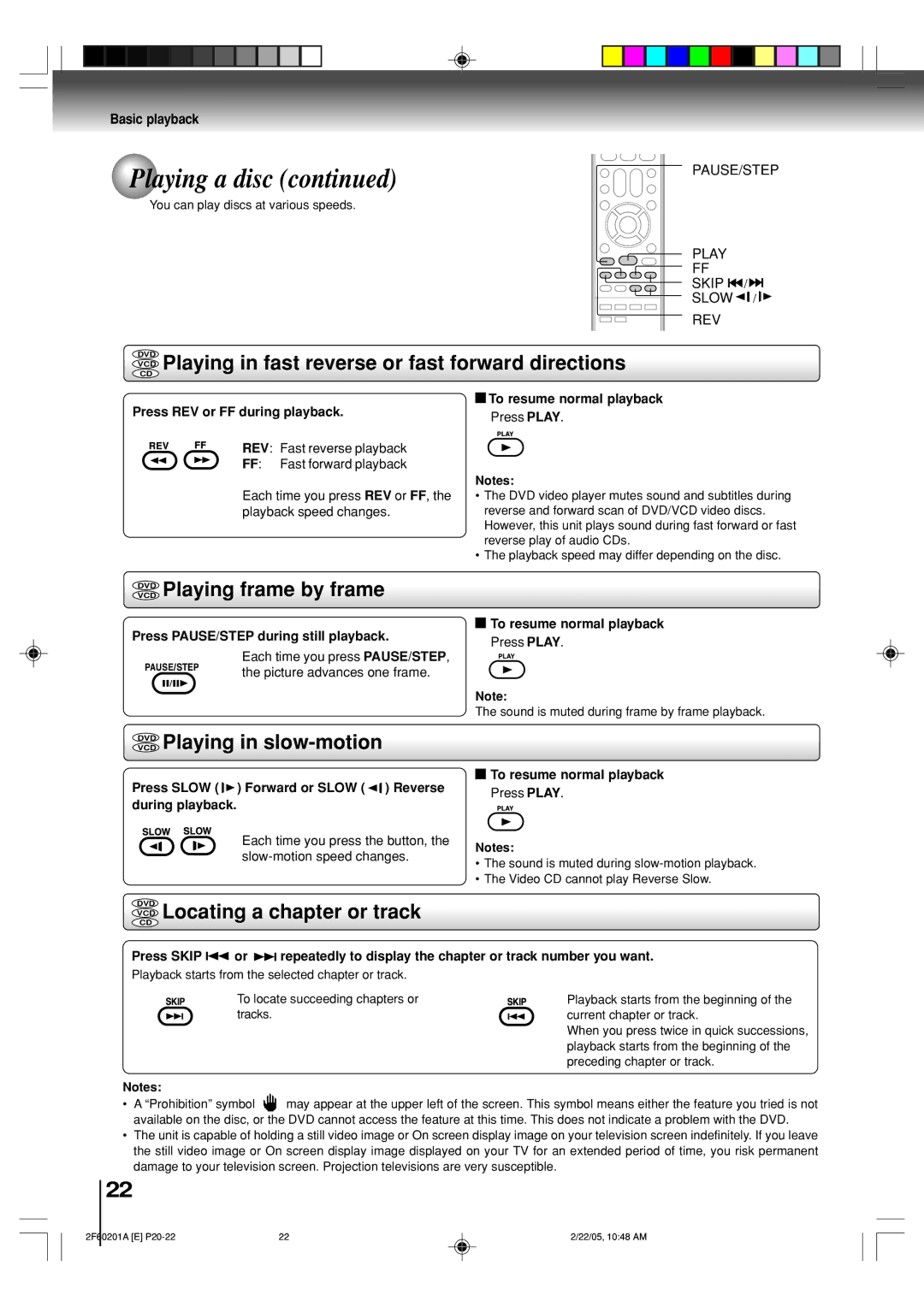 Toshiba SD-5980SU owner manual VCD Playing in fast reverse or fast forward directions, Vcddvd Playing frame by frame 