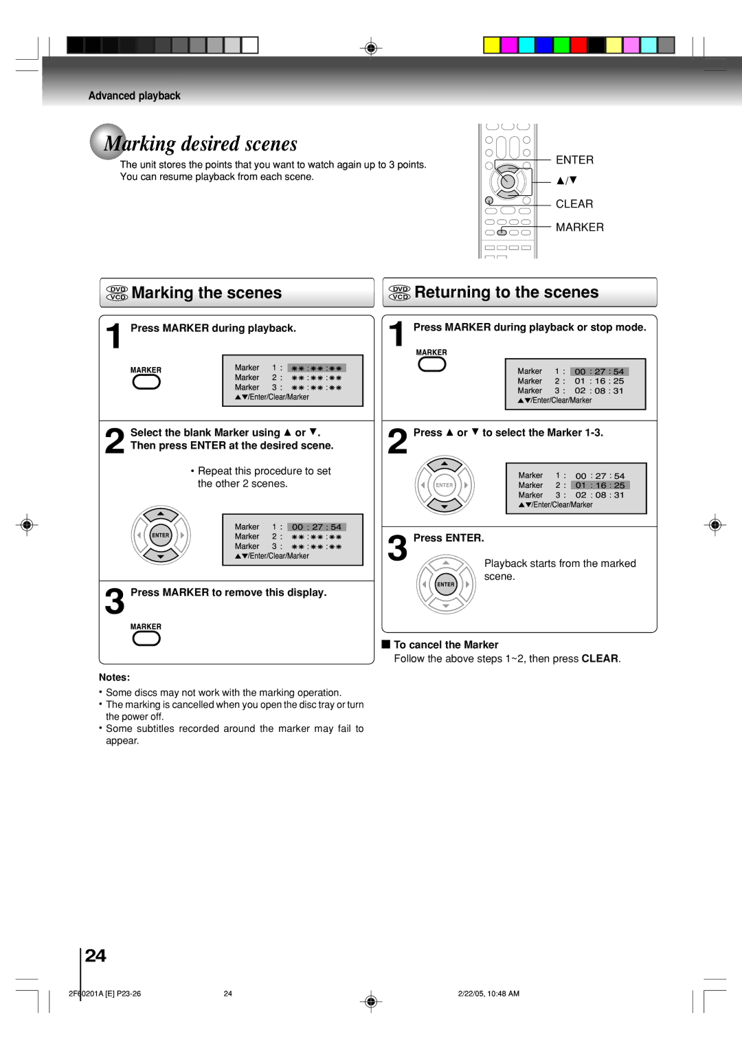 Toshiba SD-5980SU Marking desired scenes, Vcddvd Marking the scenes, Vcddvd Returning to the scenes, Enter Clear Marker 