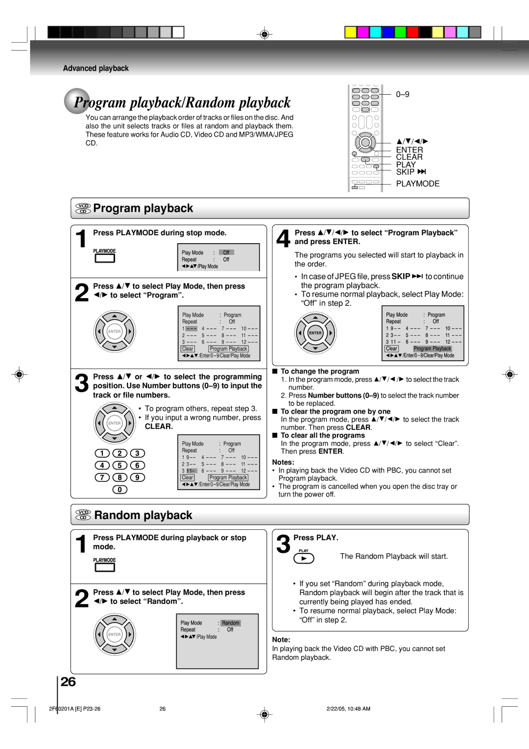 Toshiba SD-5980SU owner manual Program playback/Random playback, VCD Random playback, Enter Clear Play Skip Playmode 