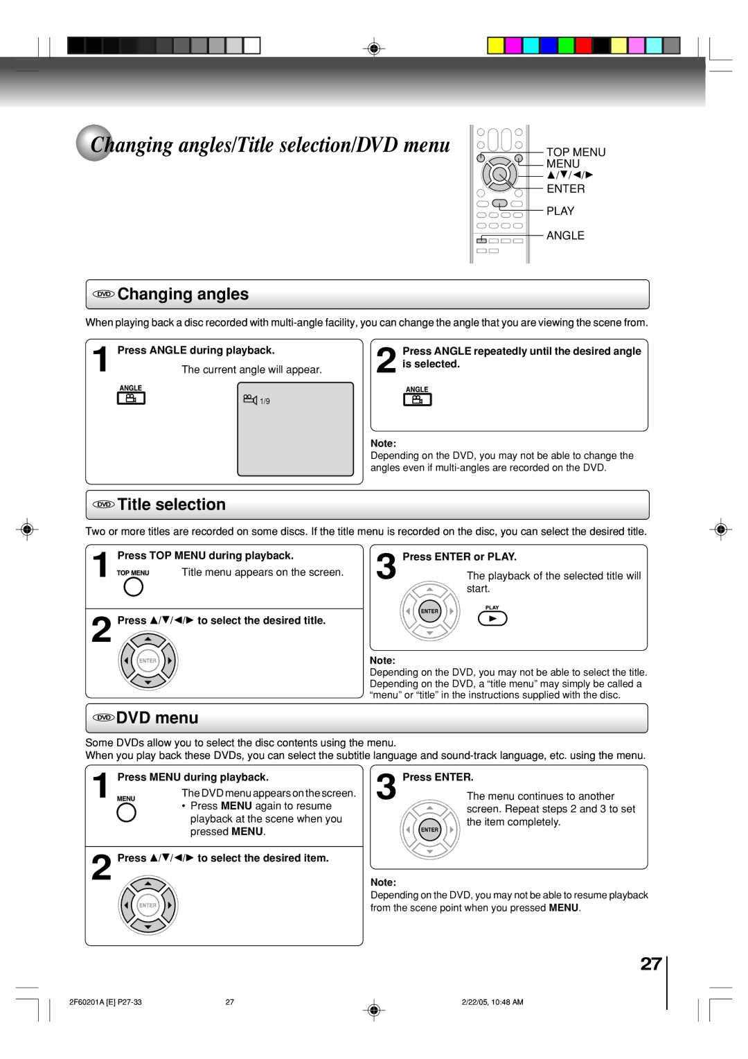 Toshiba SD-5980SU Changing angles/Title selection/DVD menu, DVD Changing angles, DVD Title selection, DVD DVD menu 