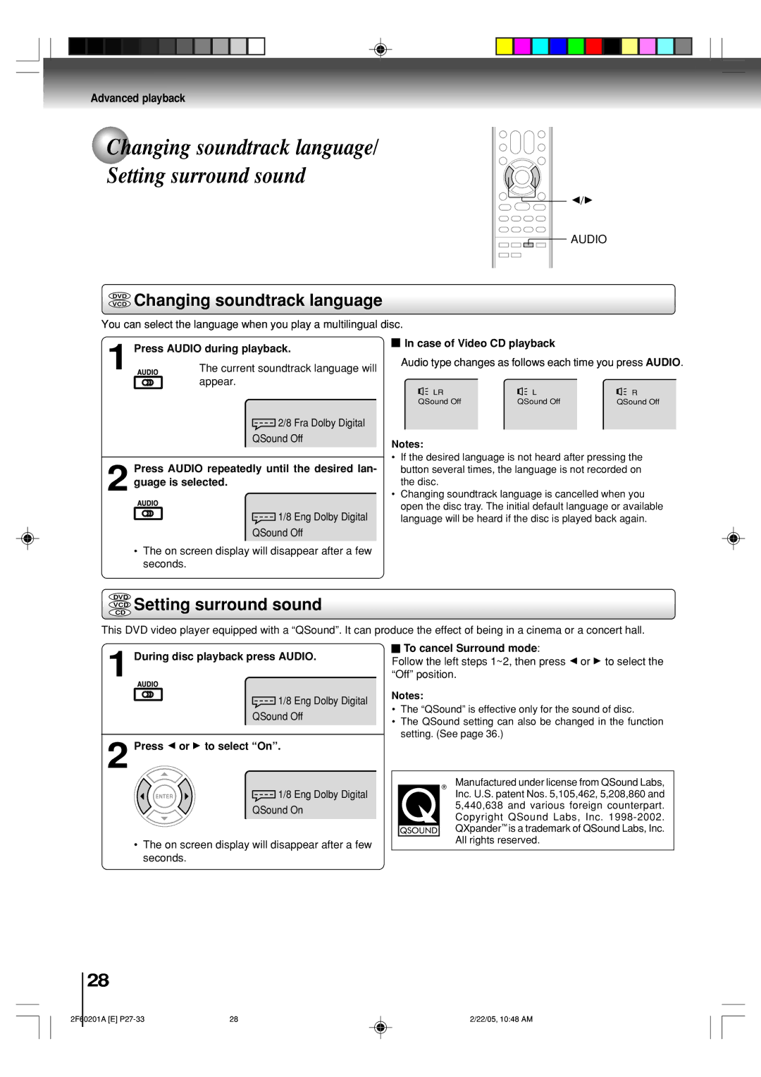 Toshiba SD-5980SU owner manual Changing soundtrack language Setting surround sound, DVD Changing soundtrack language, Audio 