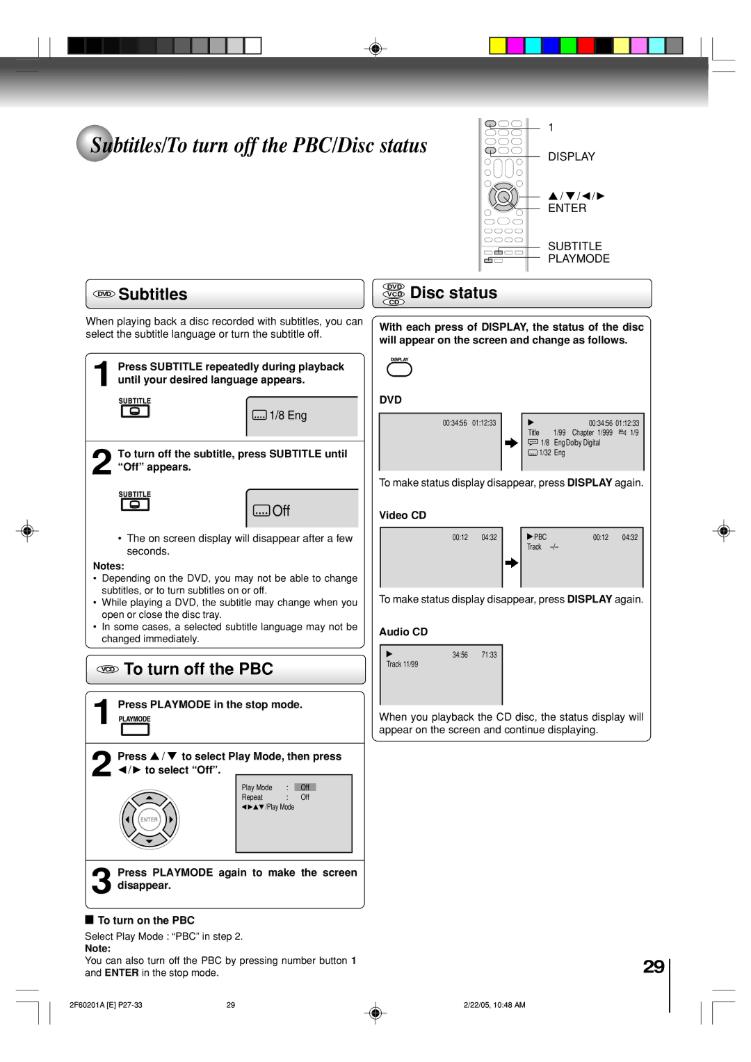 Toshiba SD-5980SU owner manual Subtitles/To turn off the PBC/Disc status, DVD Subtitles, VCD To turn off the PBC 