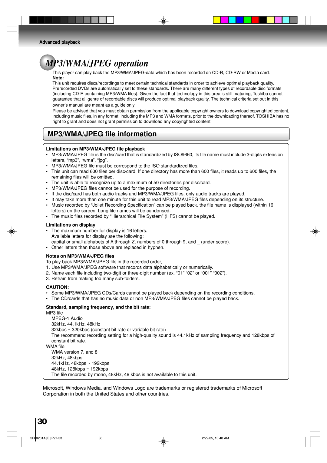 Toshiba SD-5980SU MP3/WMA/JPEG operation, MP3/WMA/JPEG file information, Limitations on MP3/WMA/JPEG file playback 