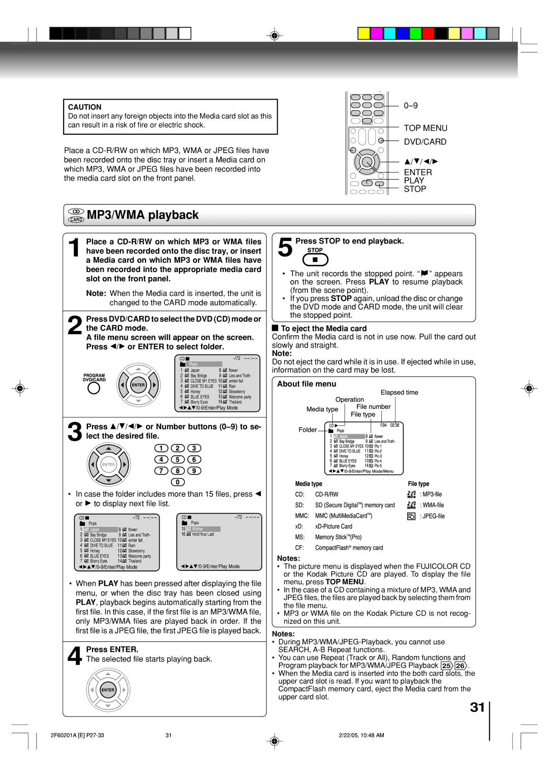 Toshiba SD-5980SU owner manual Cardcd MP3/WMA playback, TOP Menu DVD/CARD, Enter Play Stop, 5Press Stop to end playback 