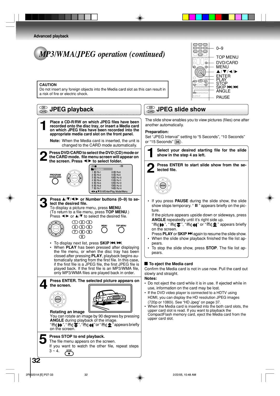 Toshiba SD-5980SU owner manual Card CD Jpeg playback Card CD Jpeg slide show, TOP Menu, Menu Enter Play Stop, Pause 