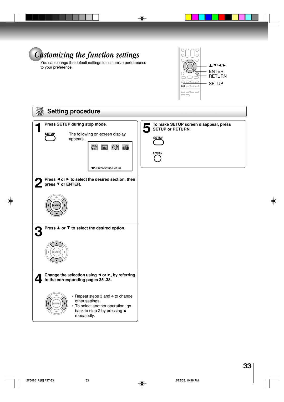 Toshiba SD-5980SU Customizing the function settings, Setting procedure, Enter Return Setup, Press Setup during stop mode 