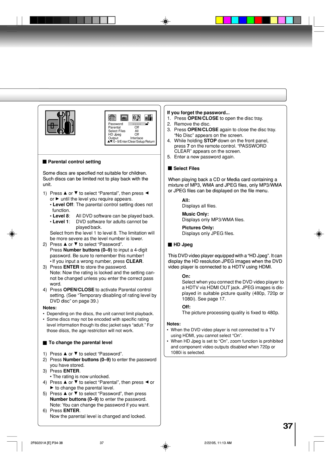 Toshiba SD-5980SU Parental control setting, To change the parental level, If you forget the password, Select Files, All 