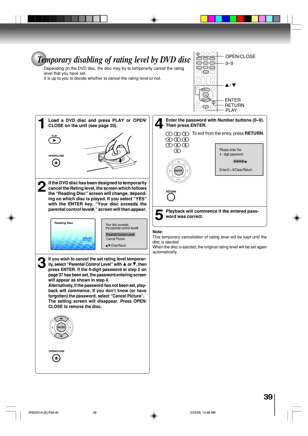 Toshiba SD-5980SU owner manual OPEN/CLOSE Enter Return Play, If you wish to cancel the set rating level temporar 