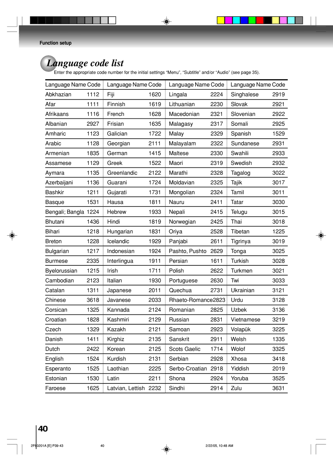 Toshiba SD-5980SU owner manual Language code list 