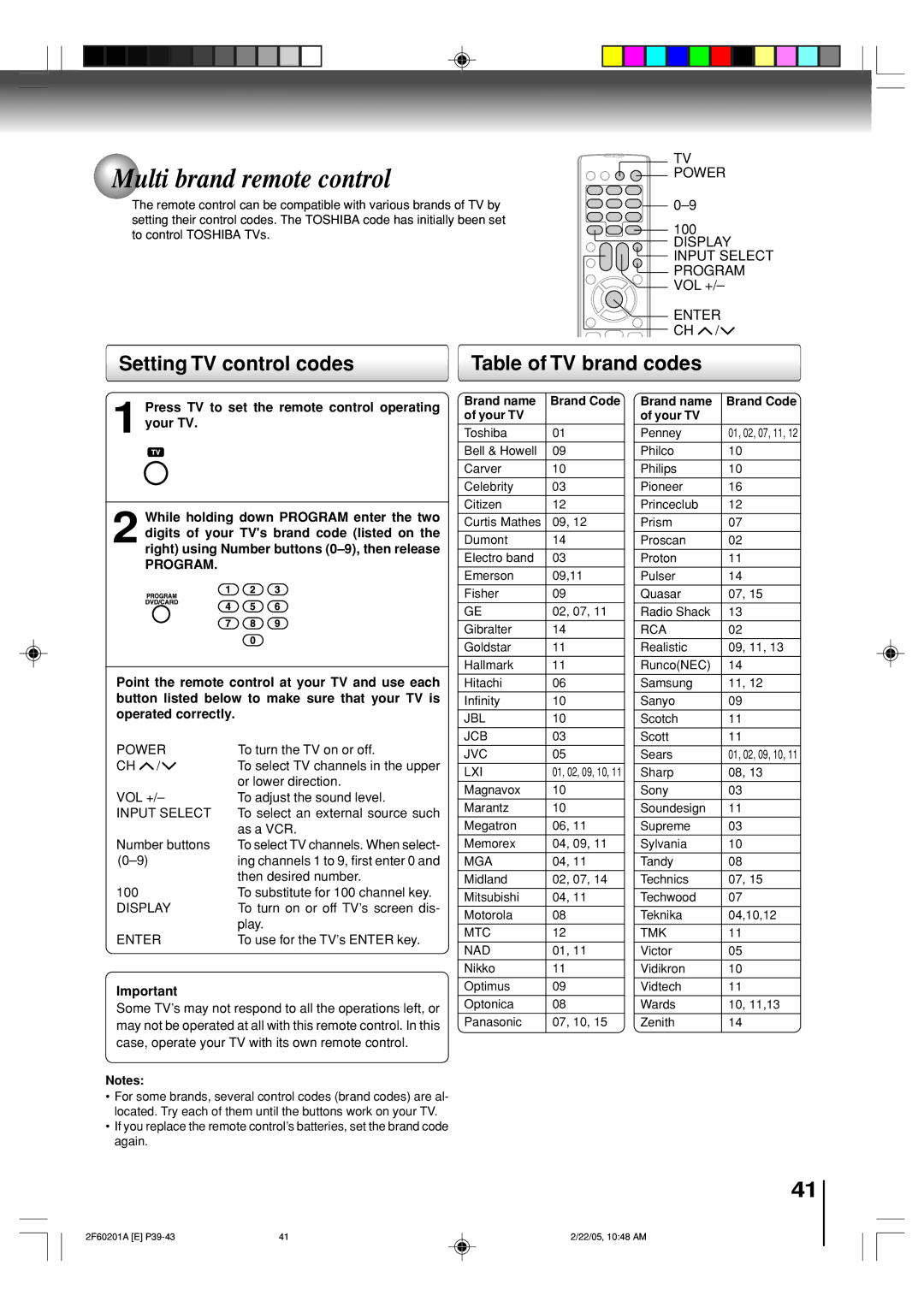 Toshiba SD-5980SU owner manual Multi brand remote control, Setting TV control codes Table of TV brand codes, Program 