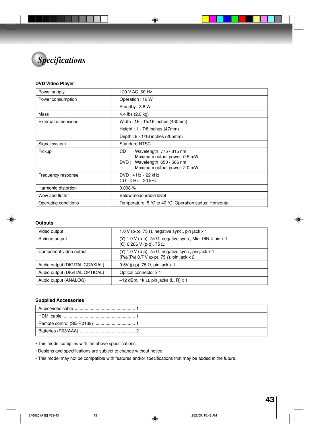 Toshiba SD-5980SU owner manual Specifications, DVD Video Player 