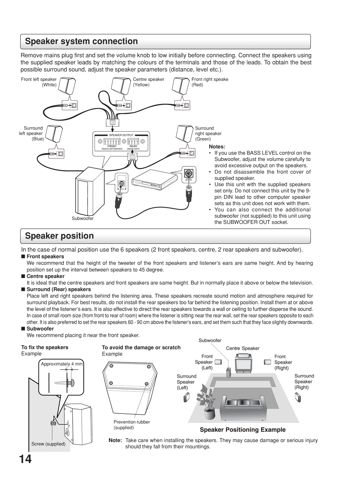 Toshiba SD-63HK owner manual Speaker system connection 