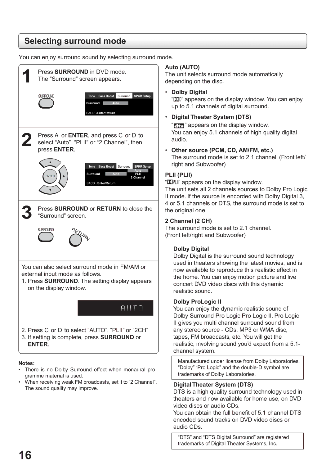 Toshiba SD-63HK owner manual Selecting surround mode 