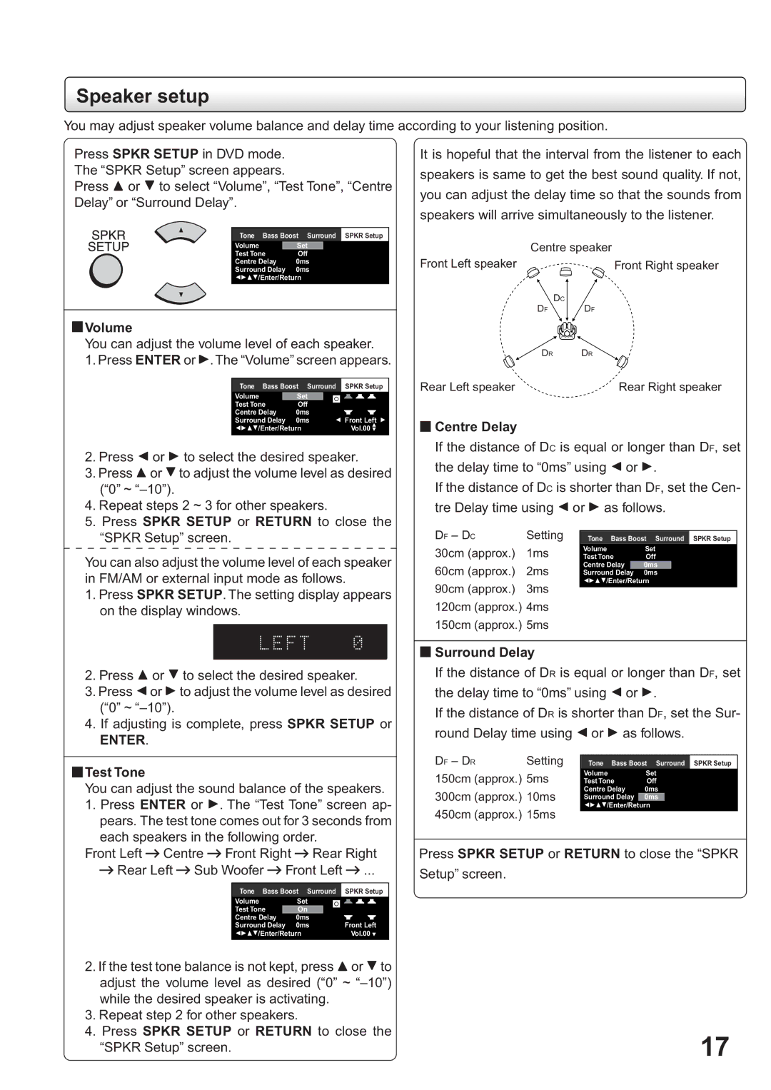 Toshiba SD-63HK owner manual Speaker setup, Volume, Centre Delay, Test Tone, Surround Delay 