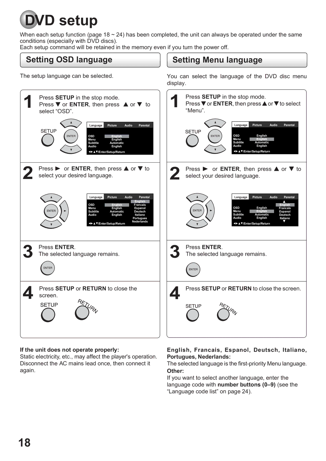 Toshiba SD-63HK owner manual DVD setup, Setting OSD language, Setting Menu language 