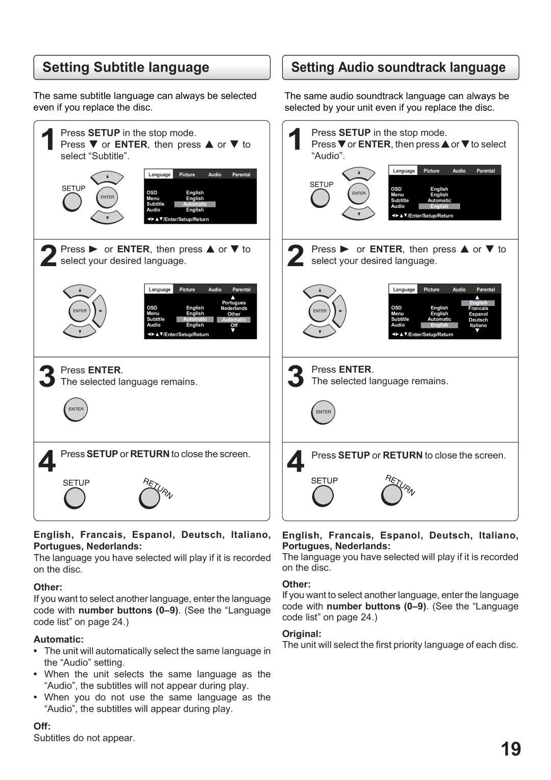 Toshiba SD-63HK owner manual Setting Subtitle language 