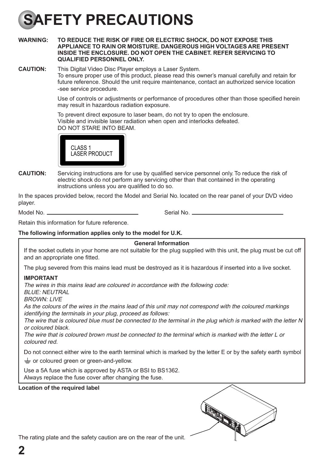 Toshiba SD-63HK owner manual Safety Precautions, Location of the required label 