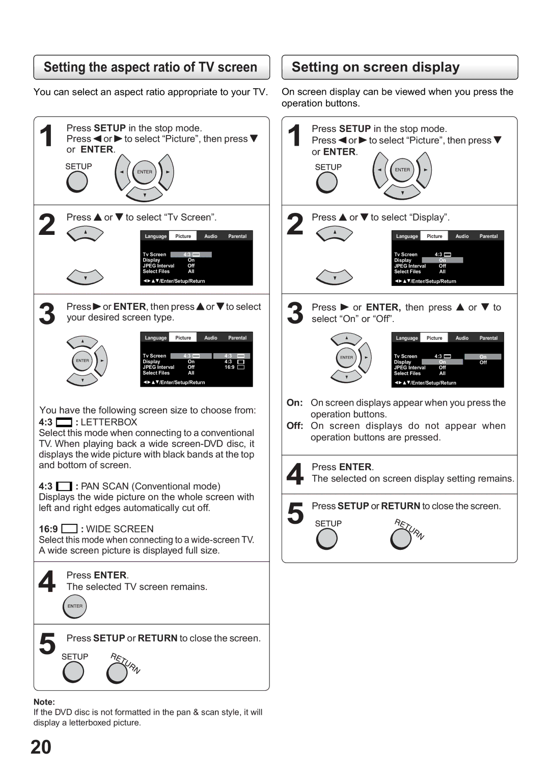 Toshiba SD-63HK owner manual Press 4 or 5 to select Tv Screen, Press 4 or 5 to select Display, Your desired screen type 