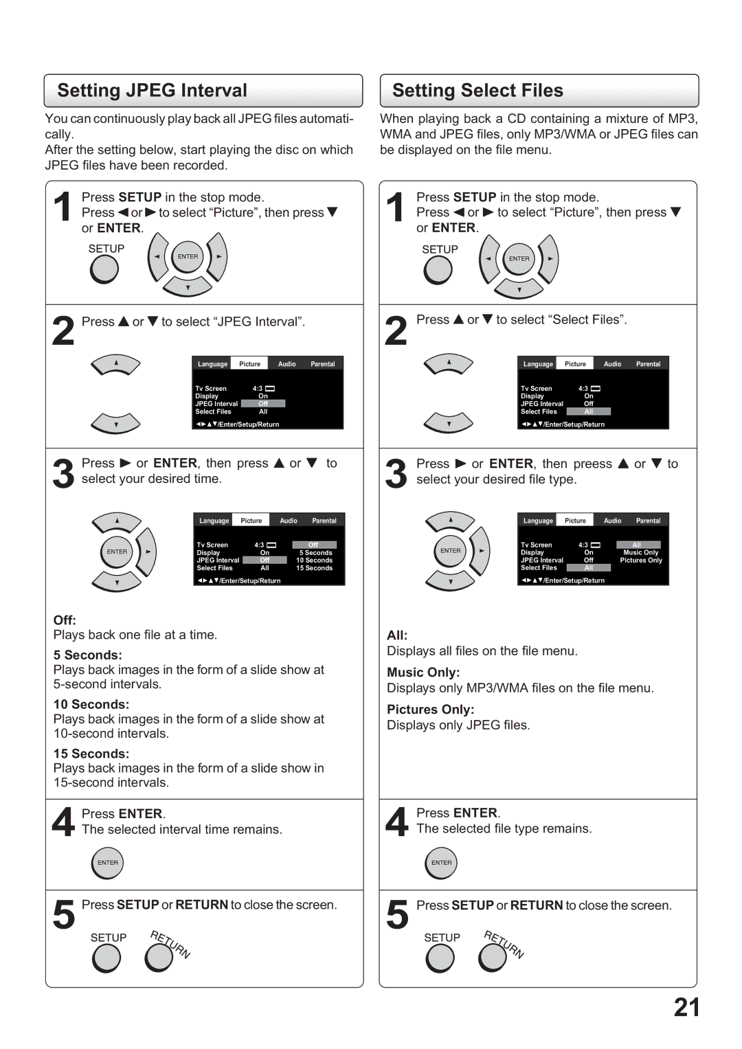 Toshiba SD-63HK owner manual Setting Jpeg Interval, Setting Select Files 