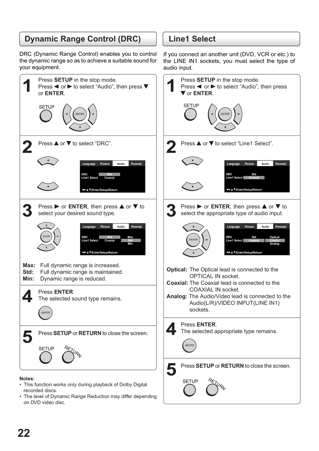 Toshiba SD-63HK owner manual Dynamic Range Control DRC Line1 Select, Or Enter, Press 4 or 5 to select DRC 