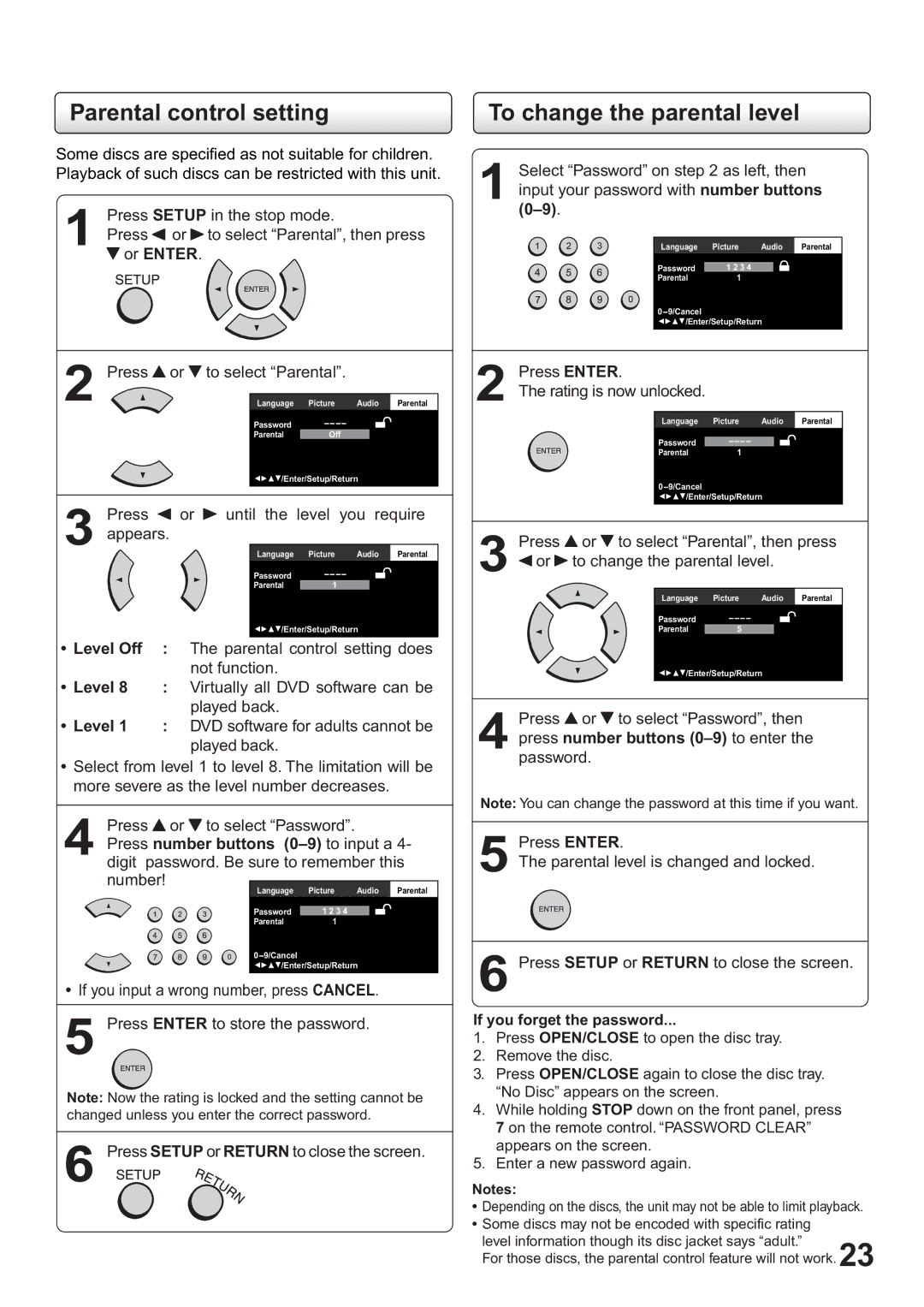 Toshiba SD-63HK owner manual Parental control setting, To change the parental level 