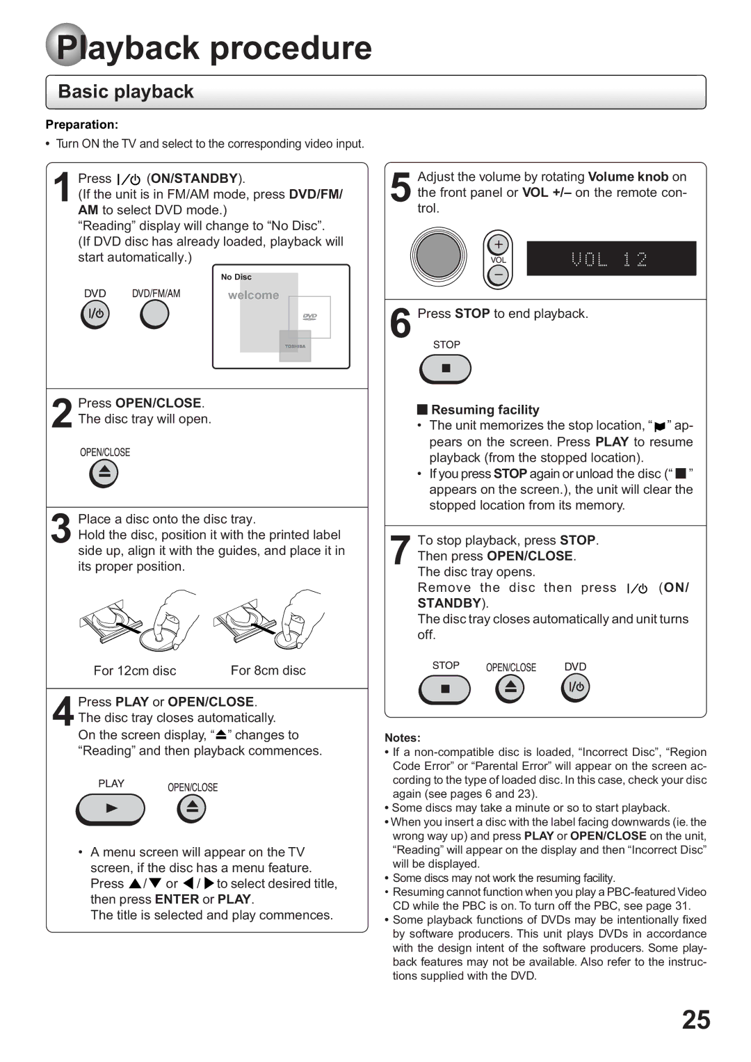 Toshiba SD-63HK owner manual Playback procedure, Basic playback, Press OPEN/CLOSE, Resuming facility 