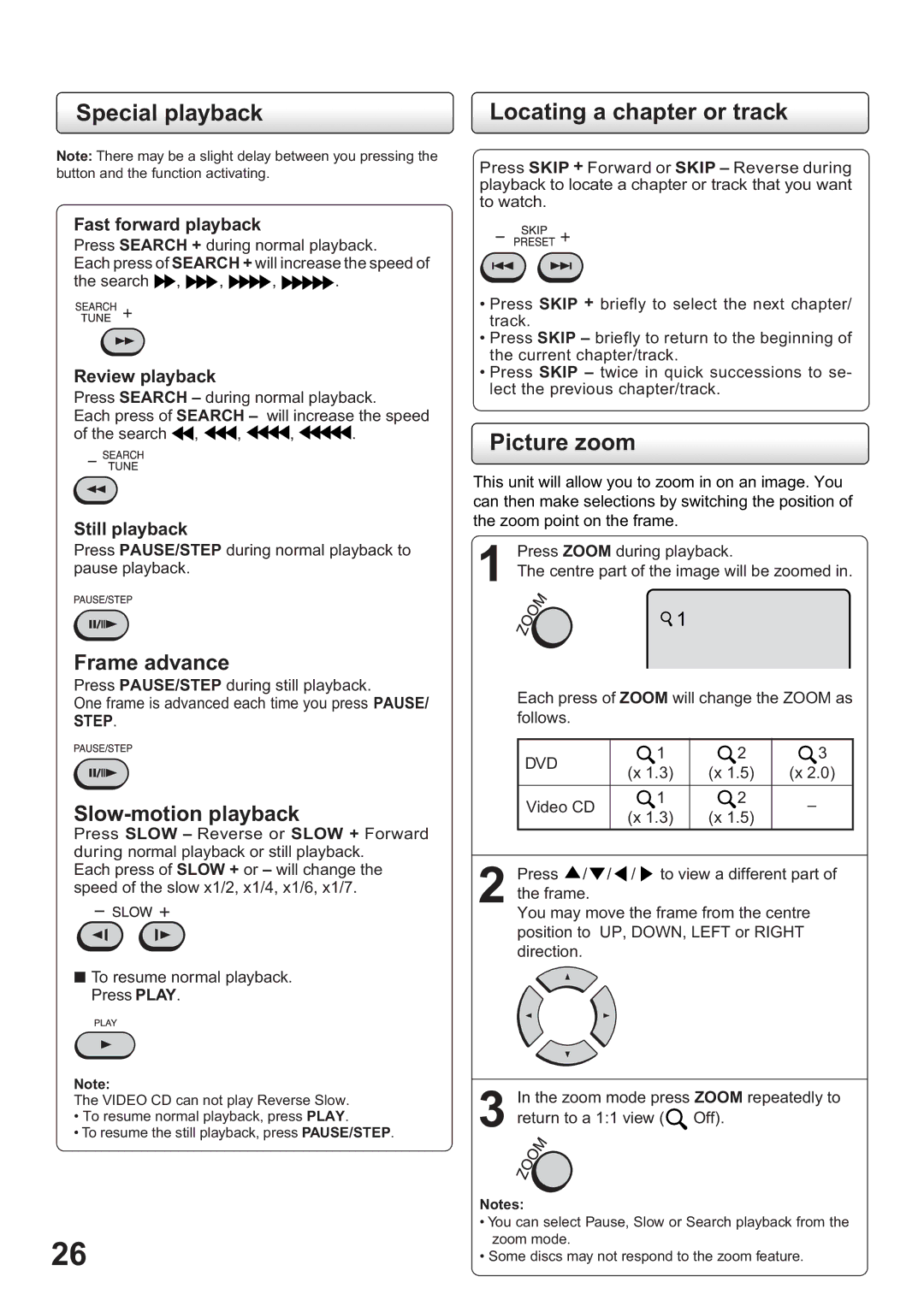 Toshiba SD-63HK owner manual Special playback Locating a chapter or track, Picture zoom 