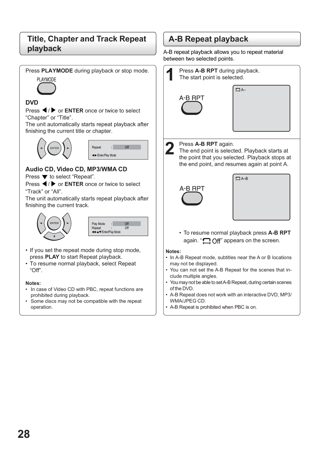 Toshiba SD-63HK owner manual Title, Chapter and Track Repeat playback, Press Playmode during playback or stop mode 