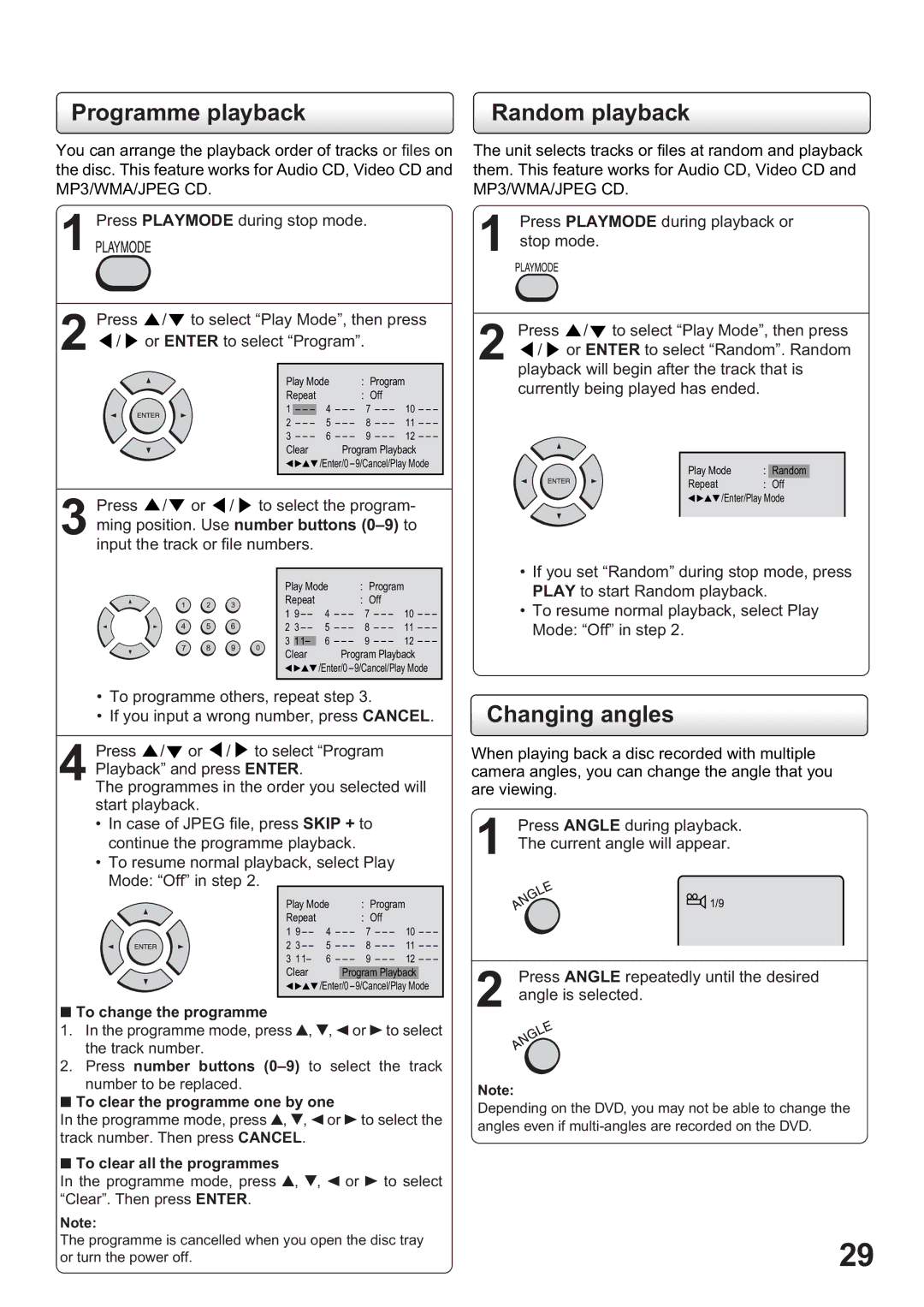 Toshiba SD-63HK owner manual Programme playback Random playback, Changing angles, Or Enter to select Program 