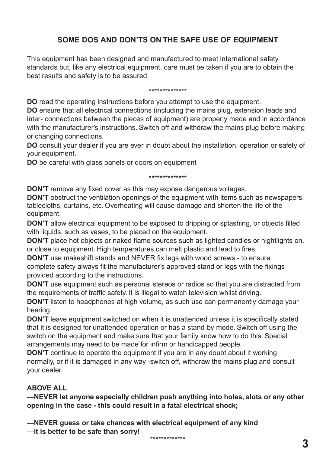 Toshiba SD-63HK owner manual Some DOS and DON’TS on the Safe USE of Equipment 