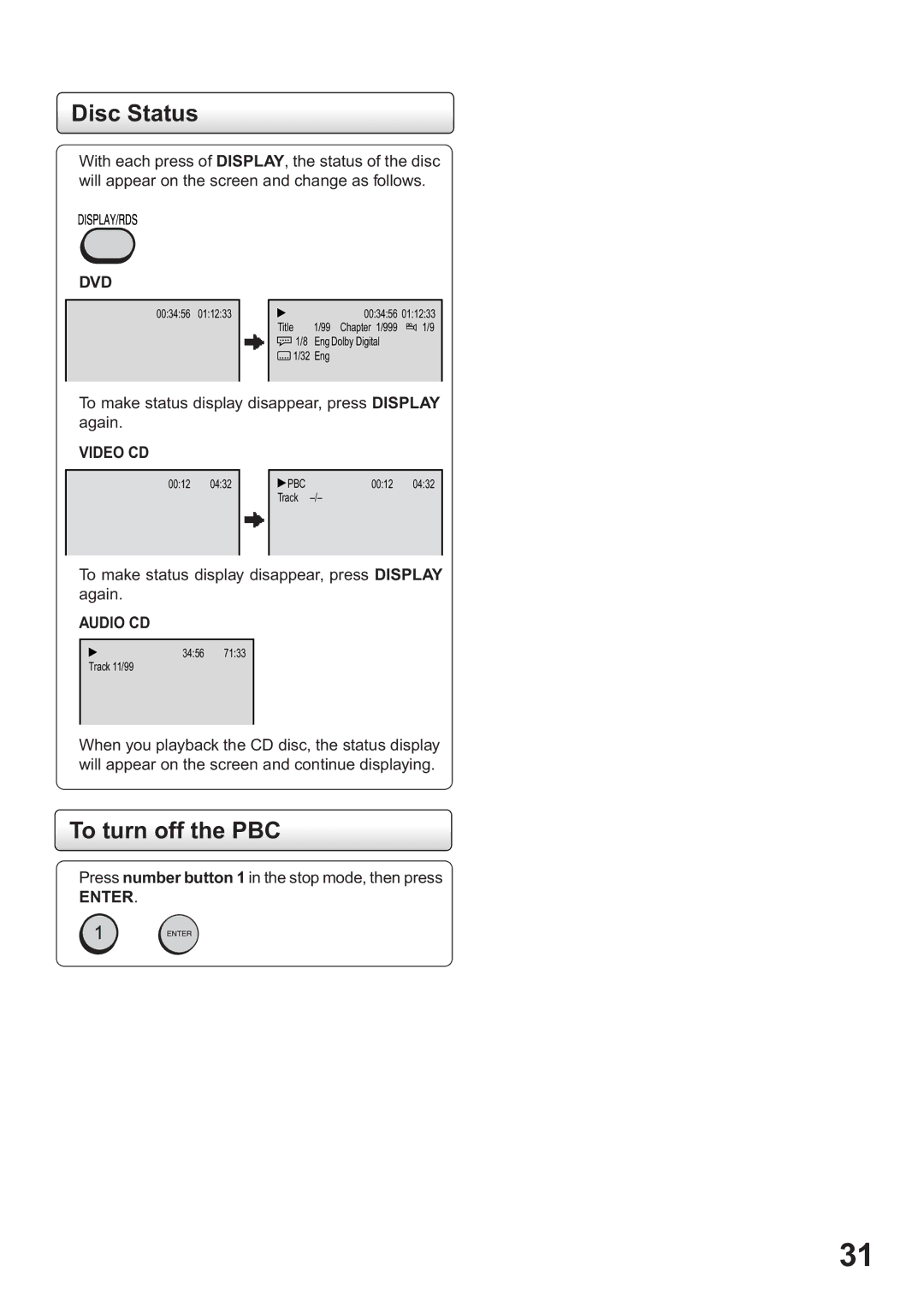 Toshiba SD-63HK owner manual Disc Status, To turn off the PBC, To make status display disappear, press Display again 