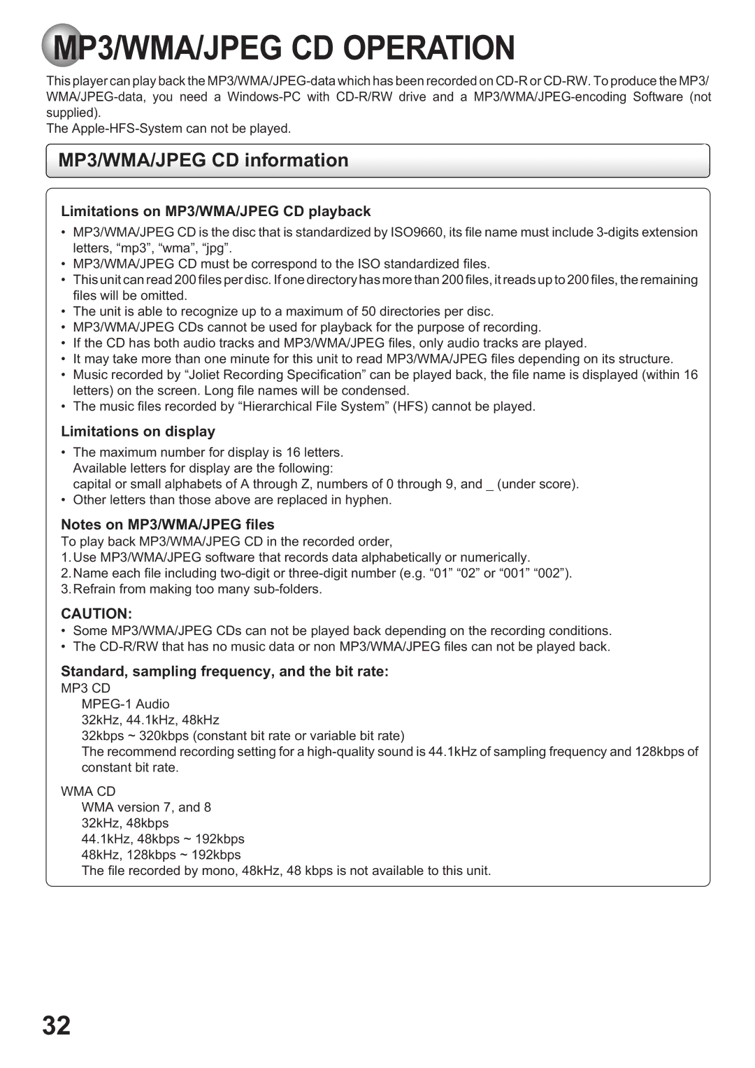 Toshiba SD-63HK owner manual MP3/WMA/JPEG CD Operation, MP3/WMA/JPEG CD information 