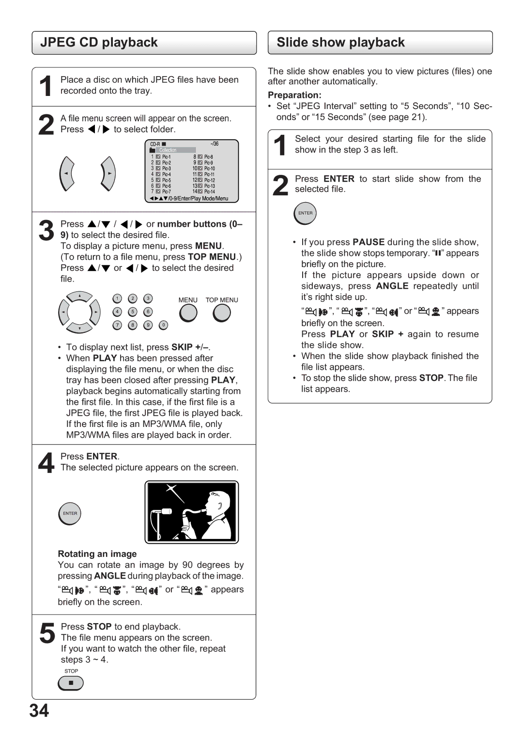 Toshiba SD-63HK owner manual Jpeg CD playback, Slide show playback, Or number buttons, Rotating an image, Preparation 