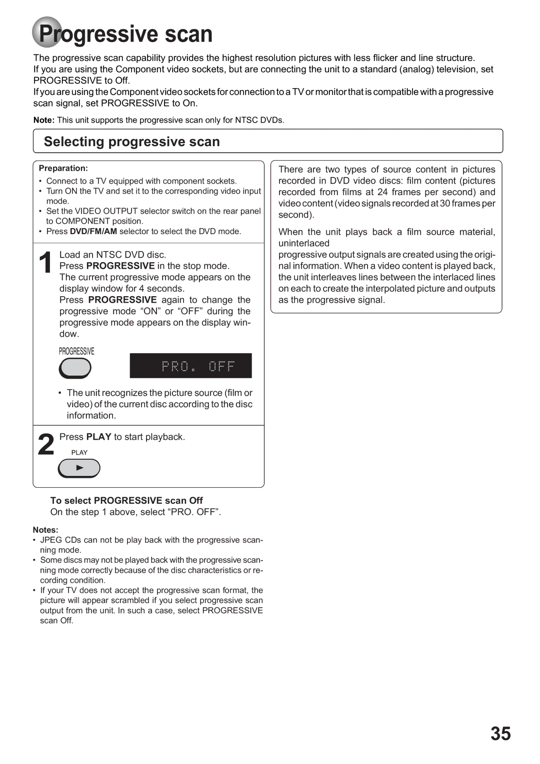 Toshiba SD-63HK owner manual Selecting progressive scan, To select Progressive scan Off, On the above, select PRO. OFF 