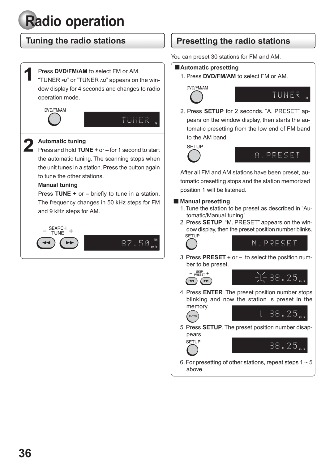 Toshiba SD-63HK owner manual Radio operation, Tuning the radio stations, Presetting the radio stations 