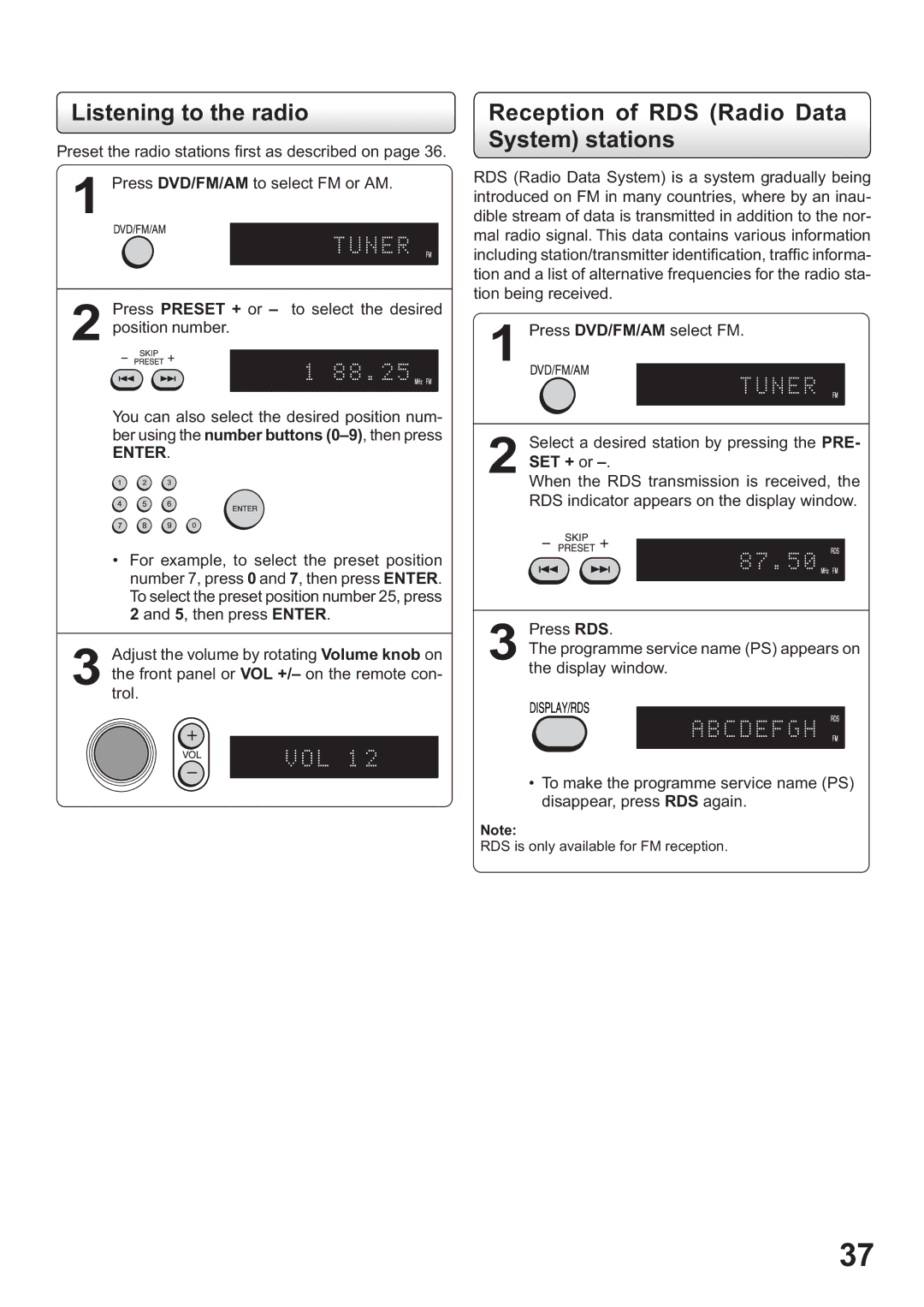 Toshiba SD-63HK owner manual Listening to the radio, Reception of RDS Radio Data System stations, SET + or 