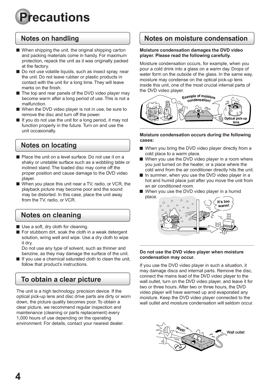 Toshiba SD-63HK owner manual Precautions, To obtain a clear picture 