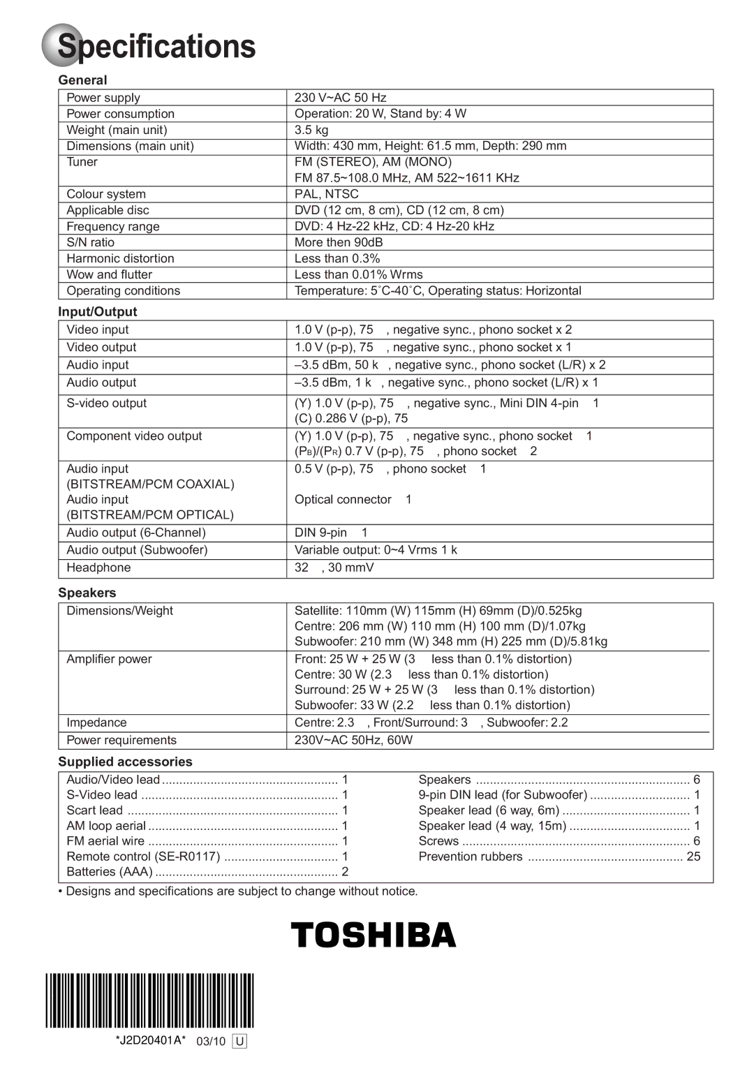 Toshiba SD-63HK owner manual Specifications, General, Input/Output, Speakers, Supplied accessories 