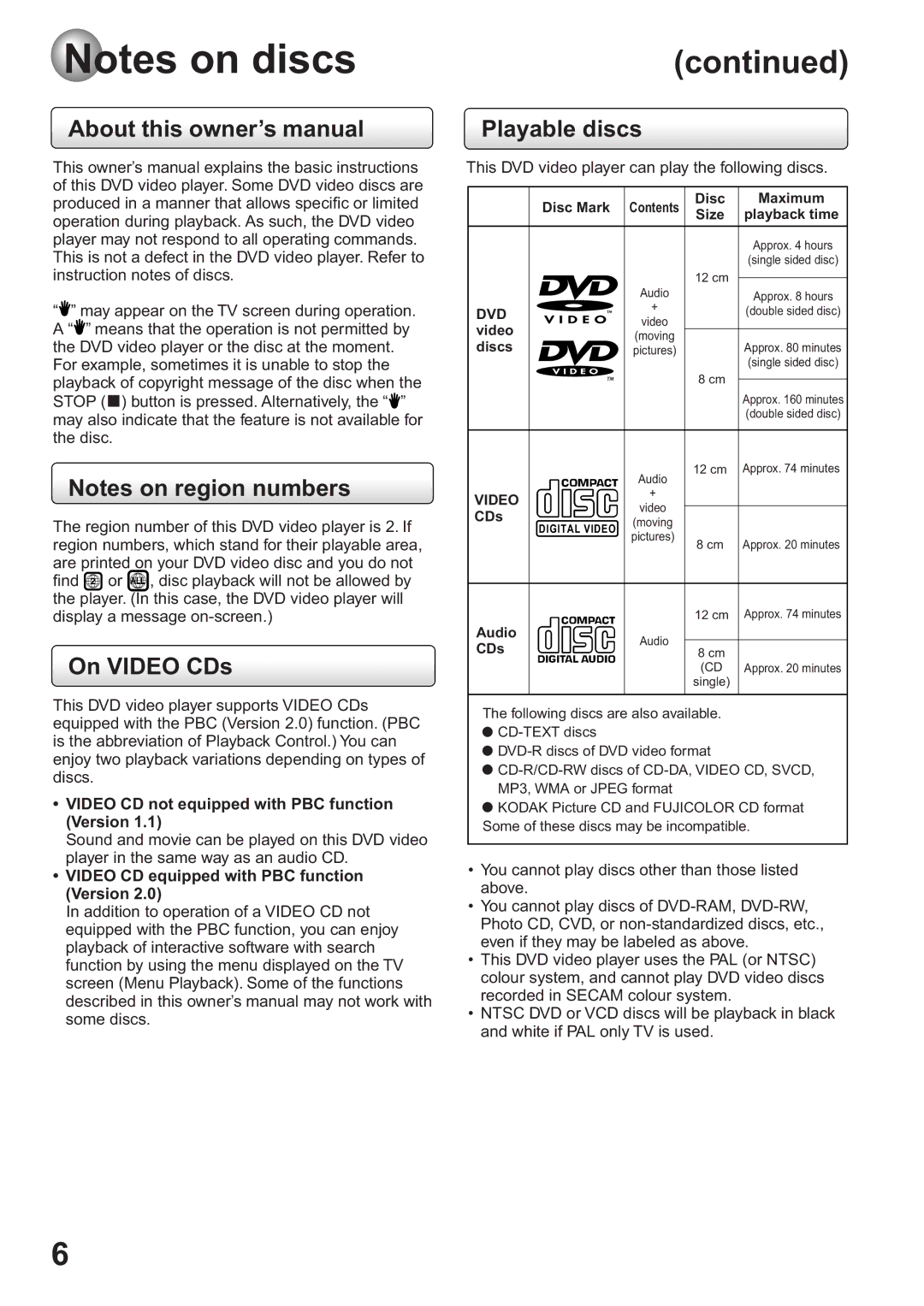 Toshiba SD-63HK owner manual On Video CDs, Playable discs, Video CD not equipped with PBC function Version 