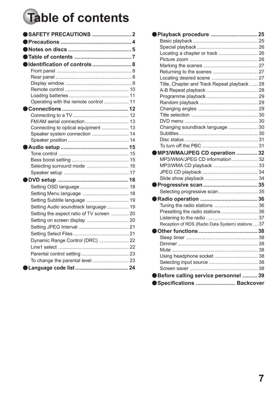 Toshiba SD-63HK owner manual Table of contents 